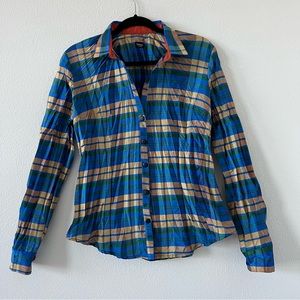 Beluva Crinkle Plaid Blouse Sz M Multicolor Button Front Long Sleeve